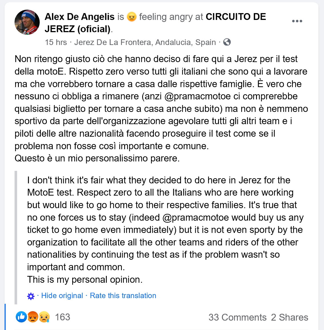 Coronavirus: Not fair to run MotoE test - De Angelis